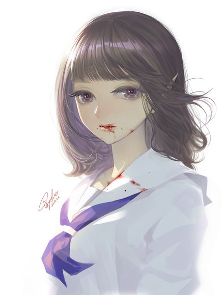 Anime picture 1000x1333 with original tajima yukie single tall image looking at viewer fringe short hair simple background brown hair white background purple eyes signed upper body blunt bangs pointy ears fang (fangs) floating hair dated portrait blood on face