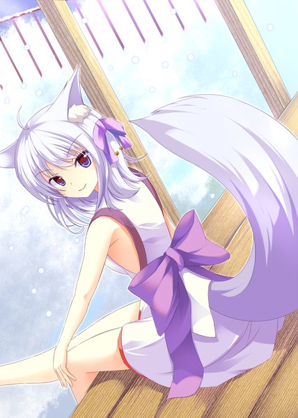 Anime picture 800x1121 with original takataka single tall image looking at viewer short hair blue eyes sitting animal ears white hair tail animal tail light smile girl dress bow hair bow