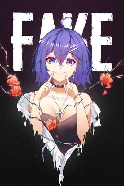 Anime picture 1600x2400 with original xianyujun sam single tall image looking at viewer blush fringe short hair blue eyes simple background smile hair between eyes cleavage purple hair upper body ahoge inscription black background strap slip fingersmile