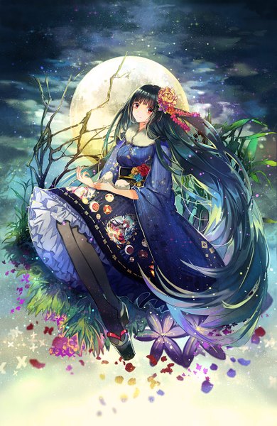 Anime picture 845x1300 with original vima single tall image looking at viewer fringe black hair red eyes full body blunt bangs very long hair hair flower night girl dress flower (flowers) petals moon full moon zori