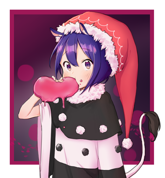 Anime picture 944x1013 with touhou doremy sweet saple single tall image blush fringe short hair hair between eyes standing purple eyes holding animal ears purple hair upper body tail animal tail wide sleeves fur trim border