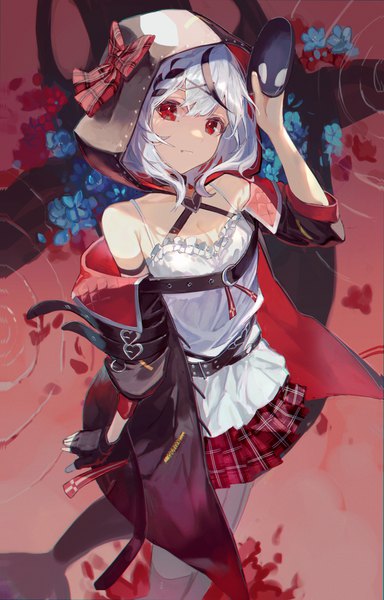 Anime picture 2619x4093 with virtual youtuber hololive sakamata chloe sakamata chloe (1st costume) karasuro single tall image fringe highres short hair hair between eyes red eyes standing holding cleavage silver hair pleated skirt multicolored hair from above streaked hair