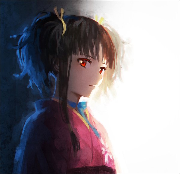 Anime picture 800x774 with koutetsujou no kabaneri wit studio mumei (kabaneri) hakusai (tiahszld) single looking at viewer fringe short hair simple background red eyes brown hair twintails upper body blunt bangs traditional clothes japanese clothes short twintails girl choker