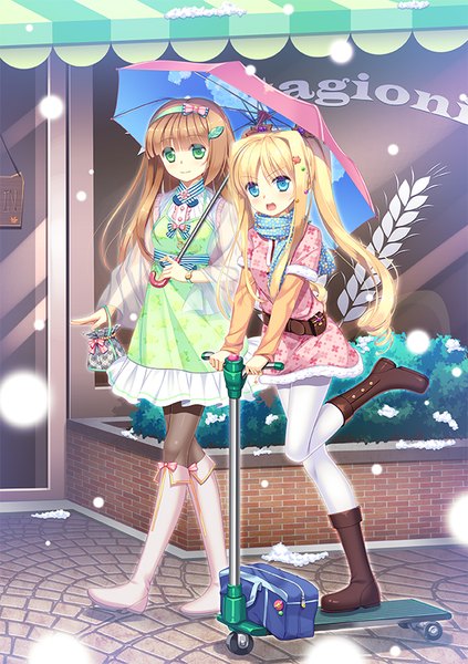 Anime picture 595x842 with original 33paradox long hair tall image looking at viewer blush open mouth blue eyes blonde hair brown hair twintails multiple girls green eyes shared umbrella girl dress 2 girls boots hairband scarf
