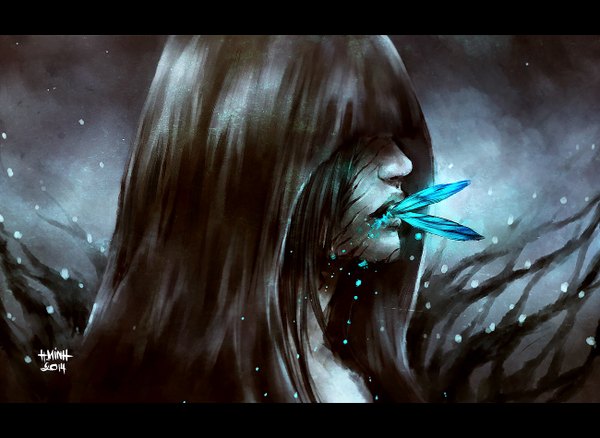 Anime picture 1300x950 with original nanfe single long hair holding signed profile lips mouth hold glowing dark background letterboxed glow girl hood insect butterfly