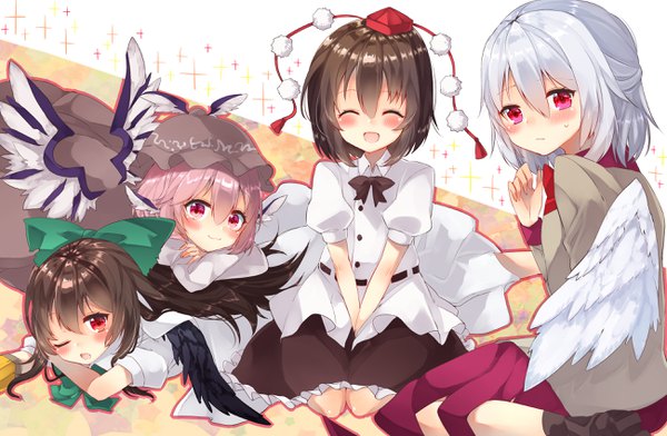 Anime picture 2600x1700 with touhou shameimaru aya reiuji utsuho mystia lorelei kishin sagume shio (shiojojo1) long hair looking at viewer blush fringe highres short hair open mouth smile hair between eyes brown hair sitting multiple girls animal ears silver hair