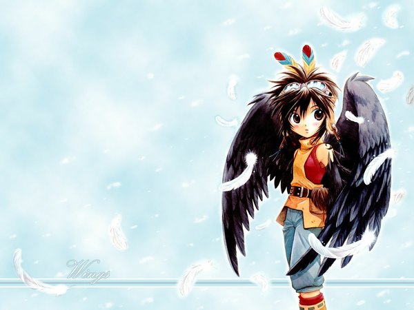 Anime picture 1152x864 with +anima (manga) cooro blush short hair open mouth brown hair brown eyes black wings boy wings belt feather (feathers) collar vest goggles fanny pack