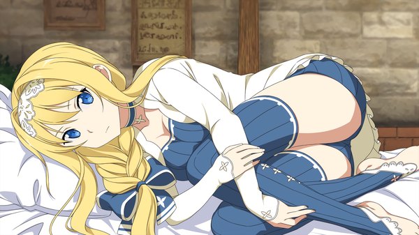 Anime picture 1920x1080 with sword art online sword art online: alicization a-1 pictures alice zuberg tagme (artist) single long hair looking at viewer highres breasts blue eyes blonde hair wide image payot indoors lying braid (braids) barefoot official art single braid