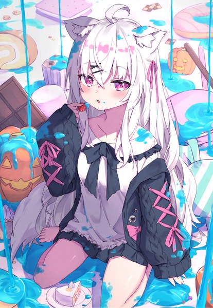 Anime picture 2786x4033 with original masaki (msk064) single long hair tall image looking at viewer blush fringe highres open mouth hair between eyes sitting ahoge white hair long sleeves pink eyes barefoot off shoulder :o sleeves past wrists