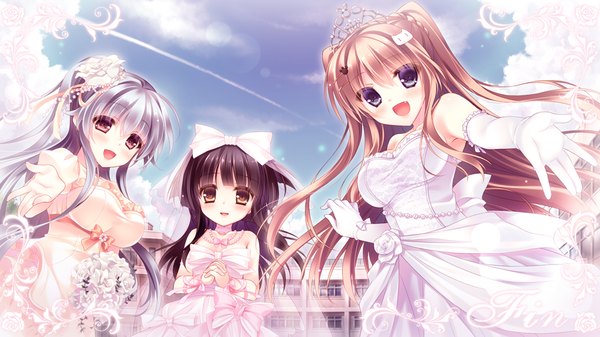 Anime picture 1024x576 with nyan cafe macchiato nekomori mike nekoyashiki perusha nekokawa ameri tagme (artist) yukie (peach candy) wori long hair looking at viewer blush breasts open mouth blue eyes black hair smile brown hair wide image large breasts purple eyes bare shoulders