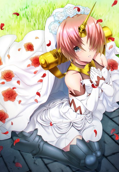 Anime picture 1250x1800 with fate (series) fate/grand order fate/apocrypha frankenstein's monster (fate) emanon123 single tall image looking at viewer blush fringe short hair bare shoulders pink hair cleavage outdoors parted lips horn (horns) from above hair over one eye silver eyes