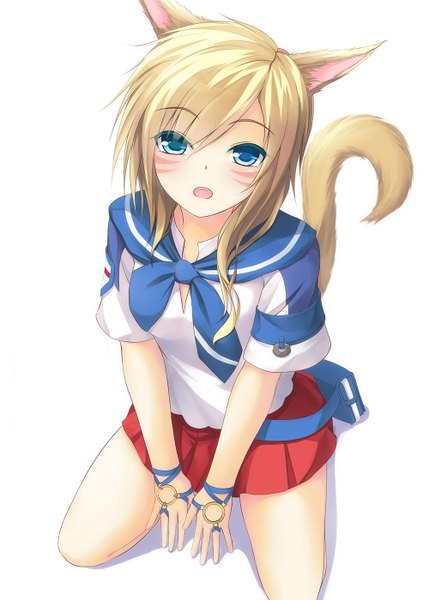 Anime picture 1000x1399 with tiphereth single tall image looking at viewer short hair open mouth blue eyes simple background blonde hair white background animal ears tail animal tail facial mark girl bag sailor suit