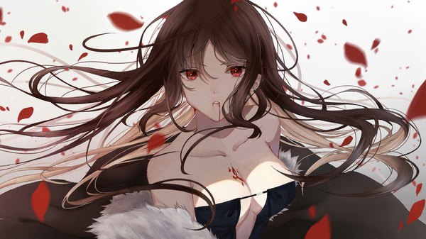 Anime picture 2048x1152 with fate (series) fate/grand order yu mei-ren (fate) hirakana single long hair looking at viewer fringe highres breasts light erotic simple background hair between eyes red eyes brown hair wide image large breasts bare shoulders upper body parted lips