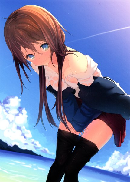 Anime picture 3694x5157 with original nagatsuki yoh single long hair tall image looking at viewer blush highres breasts blue eyes light erotic brown hair standing bare shoulders absurdres sky cloud (clouds) pleated skirt wet leaning