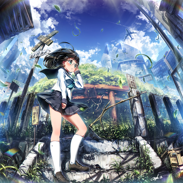 Anime picture 3500x3500 with original tamanegi (12030028) single long hair blush fringe highres open mouth black hair standing signed looking away absurdres sky cloud (clouds) full body ahoge bent knee (knees) outdoors long sleeves