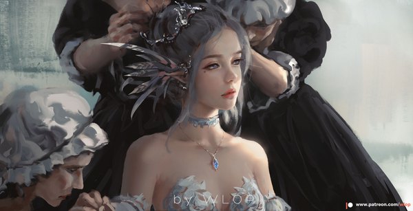 Anime picture 1600x820 with ghost blade yan (ghost blade) wlop blue eyes wide image bare shoulders looking away silver hair parted lips lips pointy ears mole maid mole under eye adjusting hair old woman girl uniform hair ornament hat