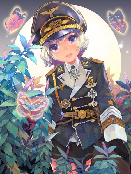 Anime picture 1000x1332 with original sereneandsilent single tall image looking at viewer short hair open mouth blue eyes blonde hair sky night night sky tears military swastika girl gloves uniform plant (plants) miniskirt