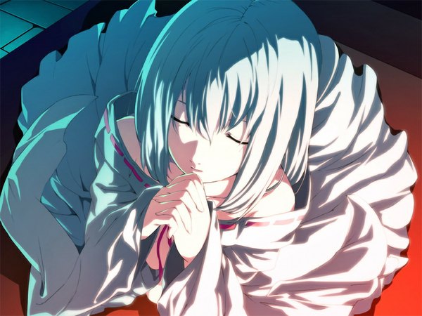 Anime picture 1024x768 with dies irae himuro rea game cg white hair eyes closed girl