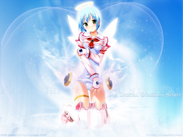 Anime picture 1600x1200 with makai tenshi djibril manabe rika djibril (makai tenshi djibril) single looking at viewer blush short hair breasts light erotic green eyes blue hair light smile kneeling blue background angel girl gloves underwear panties wings