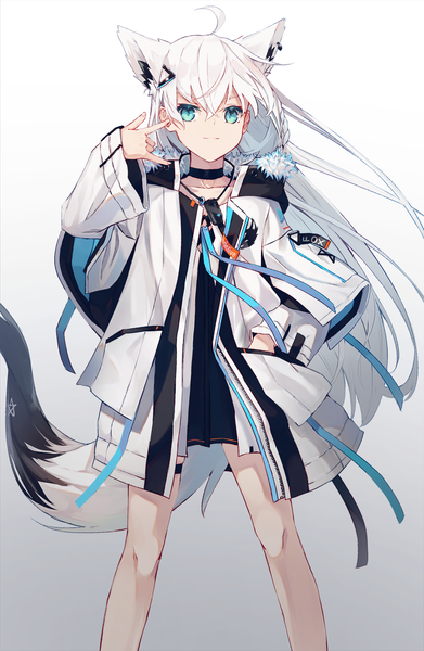 Anime picture 1066x1636 with virtual youtuber hololive shirakami fubuki shirakami fubuki (fubukitek) nagishiro mito single long hair tall image looking at viewer fringe blue eyes simple background smile hair between eyes standing animal ears ahoge white hair tail braid (braids)