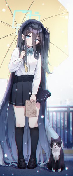 Anime picture 2400x5750 with blue archive aris (blue archive) i-tsd single tall image looking at viewer fringe highres blue eyes black hair smile hair between eyes standing very long hair pleated skirt one side up snowing girl skirt uniform