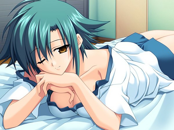 Anime picture 1024x768 with fortune cookie (game) light erotic yellow eyes game cg green hair girl