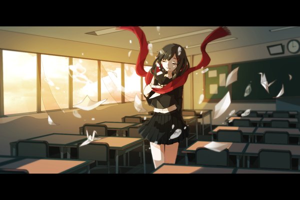 Anime picture 1500x1000 with kagerou project shaft (studio) tateyama ayano lemontea single open mouth black hair eyes closed letterboxed classroom girl skirt window scarf table paper desk