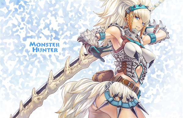 Anime picture 1600x1037 with monster hunter monster hunter (character) barioth (armor) guchico single long hair looking at viewer blue eyes light erotic smile ass white hair armpit (armpits) pantyshot girl gloves weapon hairband armor huge weapon