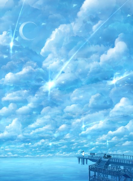 Anime picture 880x1200 with original bounin single long hair tall image black hair standing twintails sky cloud (clouds) wind glowing horizon crescent shooting star girl dress white dress moon star (stars)