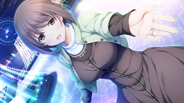 Anime picture 1280x720 with niizuma lovely x cation kurihara aiko iizuki tasuku single looking at viewer blush fringe short hair open mouth brown hair wide image brown eyes game cg outstretched hand girl dress sweater ring wedding band