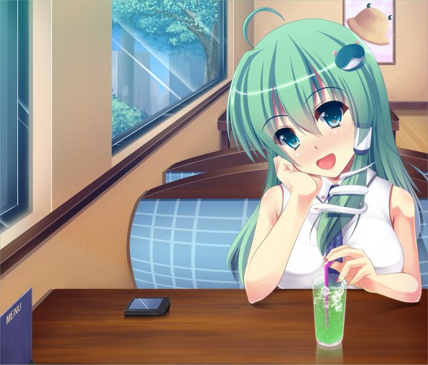 Anime picture 1684x1437 with touhou kochiya sanae runa7 (artist) single long hair open mouth blue eyes bare shoulders green hair girl table hair tubes drink phone melon soda