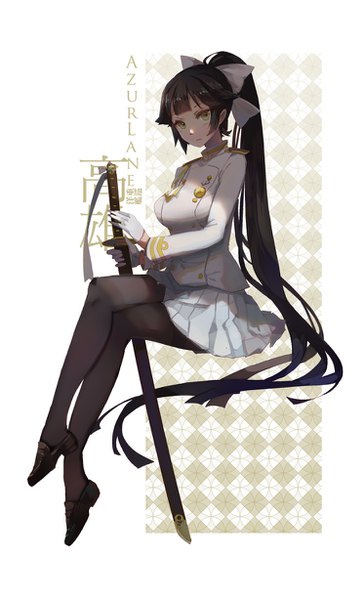 Anime-Bild 745x1228 mit azur lane takao (azur lane) shadowsinking single tall image blush black hair sitting holding green eyes full body ponytail long sleeves very long hair pleated skirt copyright name crossed legs expressionless sheathed girl