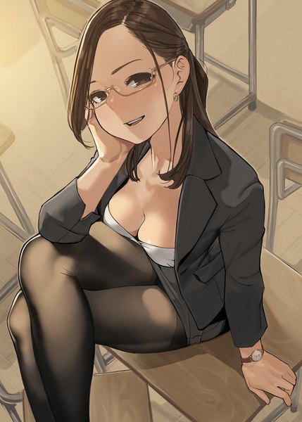 Anime picture 858x1200 with miru tights yomu (sgt epper) single long hair tall image looking at viewer blush breasts open mouth light erotic smile large breasts sitting cleavage bent knee (knees) indoors long sleeves :d from above arm support
