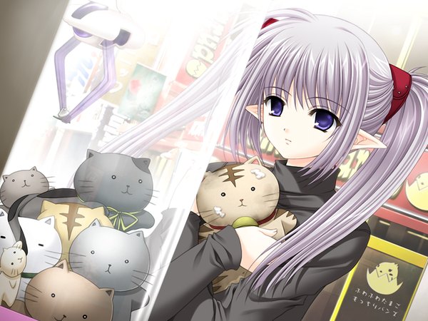 Anime picture 1024x768 with shuffle! primula long hair purple eyes twintails game cg pointy ears grey hair loli girl cat toy stuffed animal