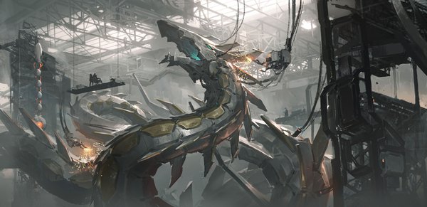 Anime picture 5000x2429 with yu-gi-oh! cyber eternity dragon leo-dont-want-to-be-a-painter highres wide image absurdres indoors dragon mecha people eastern dragon factory