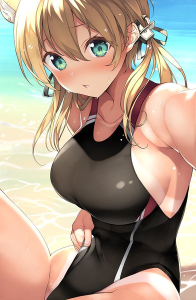 Anime picture 784x1200 with kantai collection prinz eugen (kantai collection) inuzumi masaki single long hair tall image looking at viewer blush fringe breasts open mouth light erotic blonde hair hair between eyes large breasts sitting twintails green eyes animal ears outdoors