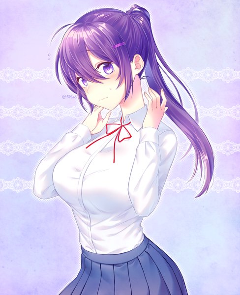 Anime picture 1109x1364 with doki doki literature club yuri (doki doki literature club) nan (gokurou) single long hair tall image looking at viewer blush fringe breasts simple background hair between eyes large breasts standing purple eyes signed purple hair ponytail long sleeves pleated skirt
