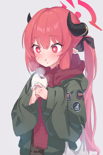 Anime-Bild 2800x4200 mit blue archive junko (blue archive) wep16night single long hair tall image blush fringe highres hair between eyes red eyes looking away upper body red hair horn (horns) pointy ears symbol-shaped pupils eating steam food on face