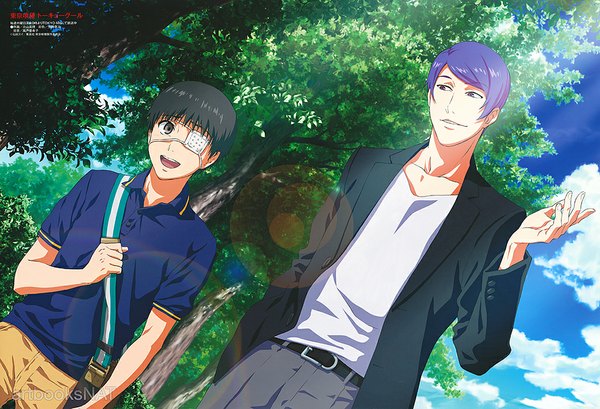 Anime picture 1100x751 with tokyo ghoul studio pierrot kaneki ken tsukiyama shuu fringe short hair open mouth black hair smile purple eyes looking away purple hair cloud (clouds) black eyes multiple boys boy plant (plants) tree (trees) 2 boys bag