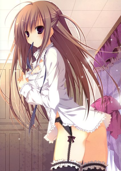 Anime picture 3394x4790 with original inugami kira single long hair tall image highres light erotic brown hair purple eyes absurdres girl thighhighs black thighhighs shirt