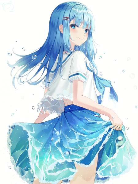 Anime picture 900x1200 with original ruda (ruda e) single long hair tall image looking at viewer blush fringe blue eyes simple background smile standing white background signed payot blue hair blunt bangs pleated skirt short sleeves turning head