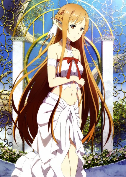 Anime picture 3640x5115 with sword art online a-1 pictures yuuki asuna titania (alo) okuda yousuke single long hair tall image highres brown hair bare shoulders brown eyes absurdres pointy ears midriff elf girl dress navel flower (flowers)