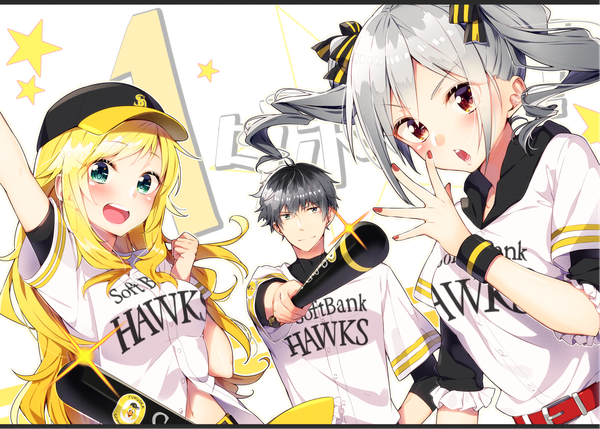 イラスト 1665x1191 と アイドルマスター アイドルマスターシンデレラガールズ アイドルマスターSideM 日本プロ野球 fukuoka softbank hawks 星井美希 神崎蘭子 takajou kyouji 桜木蓮 長髪 カメラ目線 赤面 短い髪 開いた口 金髪 赤い目 ツインテール multiple girls 銀髪 nail polish