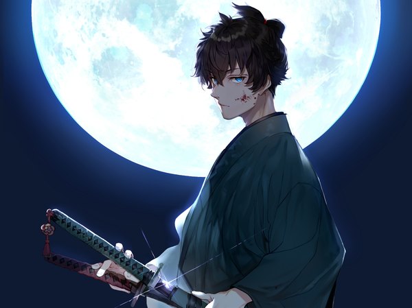 Anime picture 4054x3035 with fate (series) fate/samurai remnant miyamoto iori (fate) tsukudani (ore624) single looking at viewer fringe highres short hair blue eyes black hair hair between eyes absurdres upper body night sparkle expressionless blood on face unsheathing boy