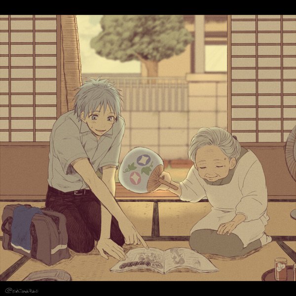 Anime picture 800x800 with kuroko no basket production i.g kuroko tetsuya mashima shima short hair blue eyes smile signed blue hair eyes closed letterboxed pointing seiza old woman grandmother and grandson uniform plant (plants) school uniform tree (trees) apron