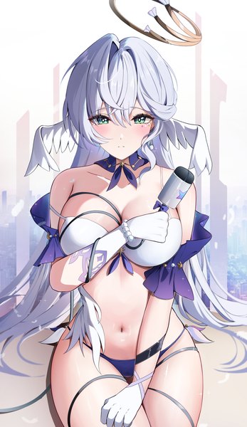 Anime picture 3960x6843 with honkai: star rail honkai (series) robin (honkai: star rail) yeni1871 single long hair tall image looking at viewer blush fringe highres breasts light erotic hair between eyes large breasts sitting bare shoulders green eyes absurdres silver hair