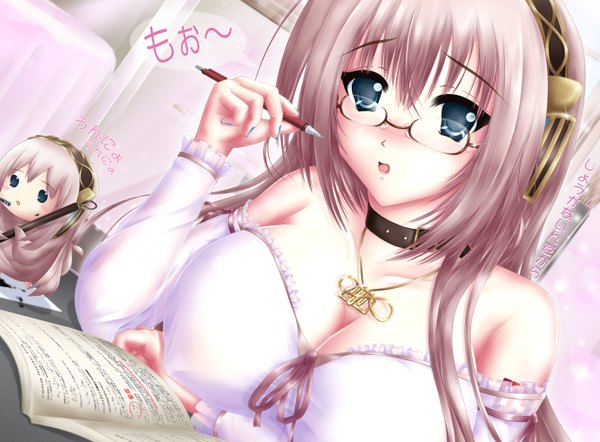 Anime picture 1377x1016 with vocaloid megurine luka nohoho (kakikonchi) long hair blush breasts open mouth blue eyes light erotic smile large breasts pink hair girl detached sleeves glasses headphones book (books) pen paintbrush calligraphy brush