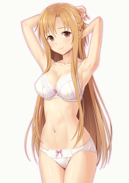 Anime picture 2894x4093 with sword art online a-1 pictures yuuki asuna n.g. single long hair tall image looking at viewer blush highres breasts light erotic simple background smile brown hair large breasts standing white background brown eyes cleavage