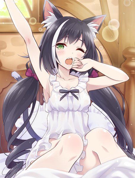 Anime picture 913x1200 with princess connect! re:dive princess connect! karyl (princess connect!) urabi (tomatohouse) single long hair tall image looking at viewer blush fringe open mouth black hair sitting twintails green eyes animal ears indoors tail animal tail one eye closed