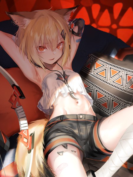 Anime picture 1800x2400 with arknights vermeil (arknights) pottsness single tall image blush fringe highres short hair open mouth light erotic blonde hair hair between eyes red eyes animal ears indoors tail lying :d animal tail